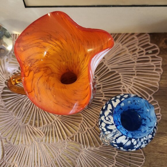 Blown Glass Orange Blue White Speckle Pitcher Vases Rainbow Glass - Picture 11 of 11